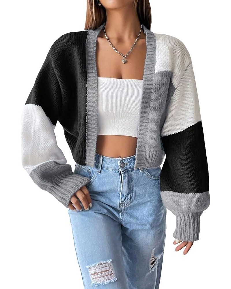 Women's Cropped Cardigan Open Front Long Sleeve Ribbed Knit Cute Sweater Color Block Black $23.51 Sweaters