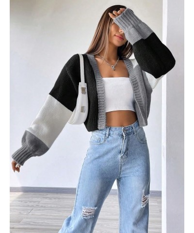 Women's Cropped Cardigan Open Front Long Sleeve Ribbed Knit Cute Sweater Color Block Black $23.51 Sweaters