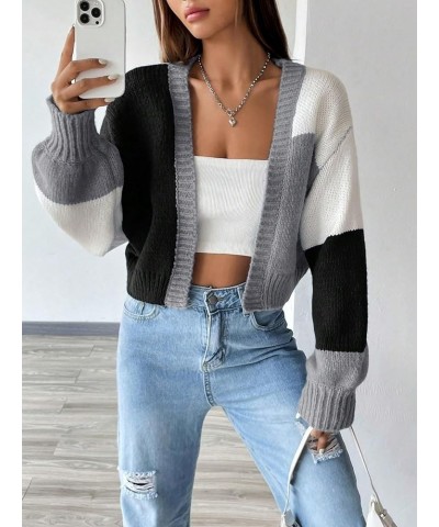 Women's Cropped Cardigan Open Front Long Sleeve Ribbed Knit Cute Sweater Color Block Black $23.51 Sweaters