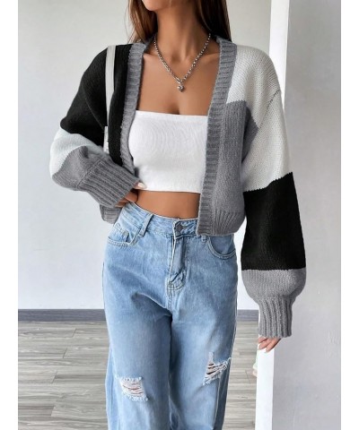 Women's Cropped Cardigan Open Front Long Sleeve Ribbed Knit Cute Sweater Color Block Black $23.51 Sweaters