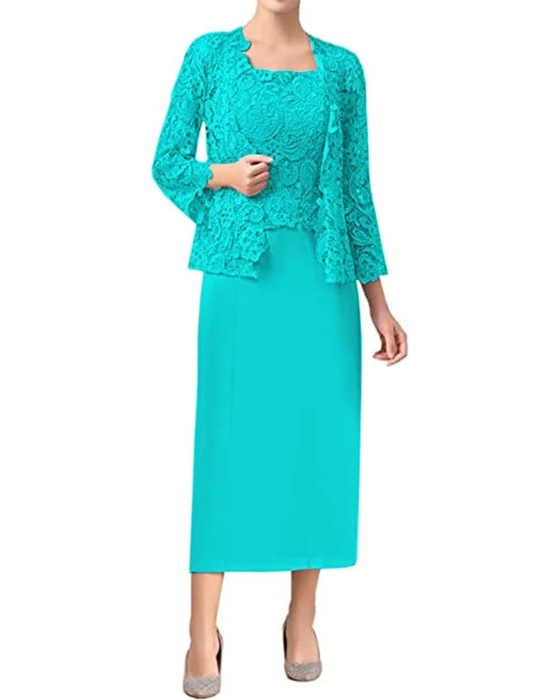 2 PCS Lace Square Neck Outft for Wedding Guest Dresses Mother of The Bride Dress with Open Jacket LS001 Aqua Blue $41.65 Dresses