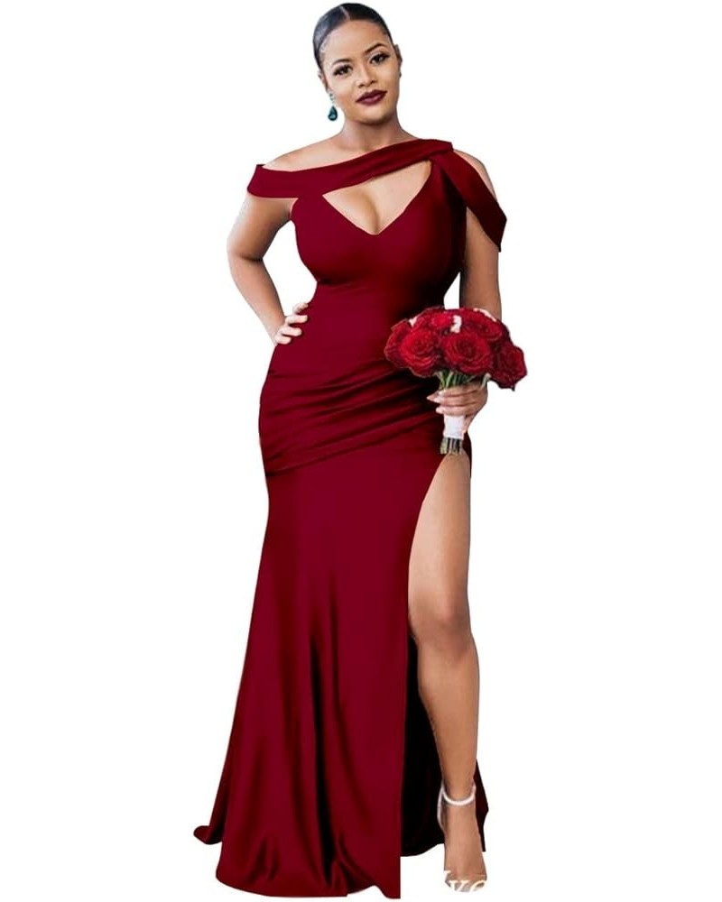 One Shoulder Bridesmaid Dresses for Wedding Long with Slit Satin Prom Dresses Mermaid Formal Evening Gowns for Women Burgundy...