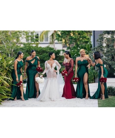 One Shoulder Bridesmaid Dresses for Wedding Long with Slit Satin Prom Dresses Mermaid Formal Evening Gowns for Women Burgundy...