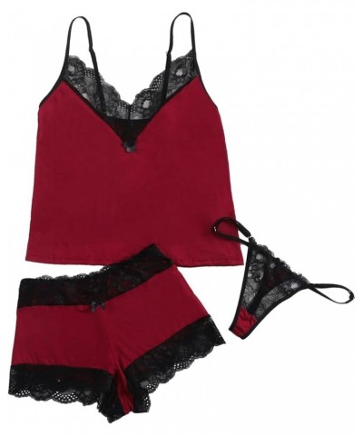 Women's 3Pcs Sleepwear Contrast Lace Trim Sexy Cami Pajama Set With Thong Burgundy $14.99 Sleep & Lounge