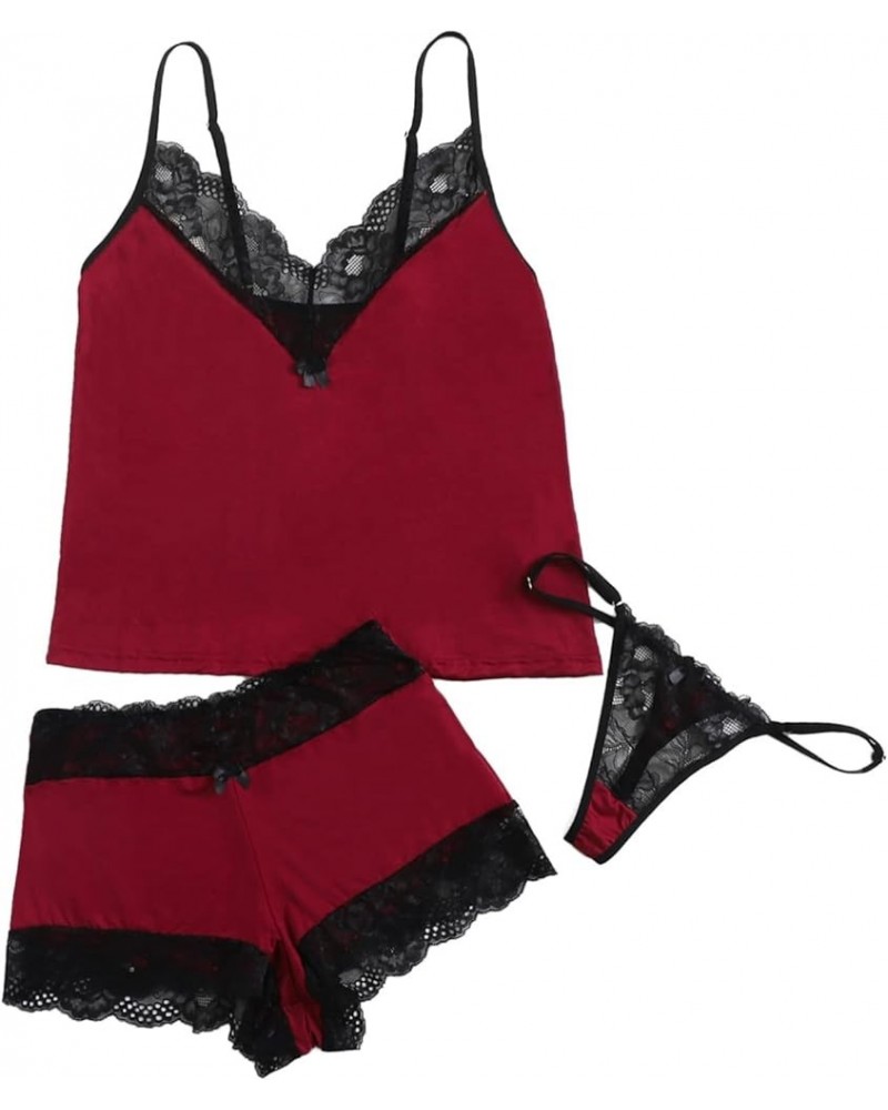 Women's 3Pcs Sleepwear Contrast Lace Trim Sexy Cami Pajama Set With Thong Burgundy $14.99 Sleep & Lounge