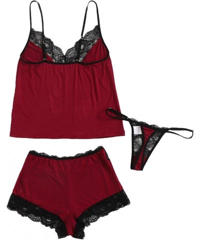 Women's 3Pcs Sleepwear Contrast Lace Trim Sexy Cami Pajama Set With Thong Burgundy $14.99 Sleep & Lounge