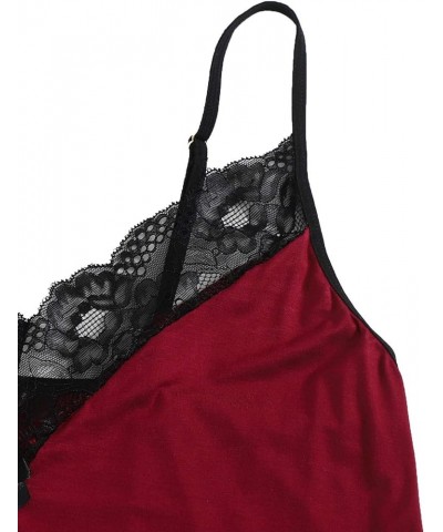 Women's 3Pcs Sleepwear Contrast Lace Trim Sexy Cami Pajama Set With Thong Burgundy $14.99 Sleep & Lounge