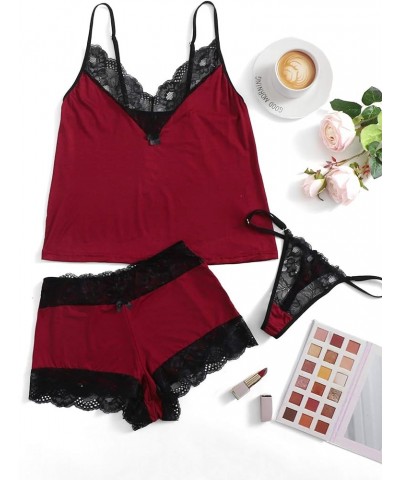 Women's 3Pcs Sleepwear Contrast Lace Trim Sexy Cami Pajama Set With Thong Burgundy $14.99 Sleep & Lounge