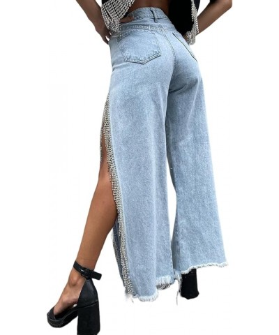 Women High Waisted Jeans Straight Wide Leg Pants with Rhinestone Fringe Trim Split On The Side Light Blue $29.49 Jeans