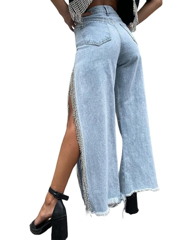 Women High Waisted Jeans Straight Wide Leg Pants with Rhinestone Fringe Trim Split On The Side Light Blue $29.49 Jeans