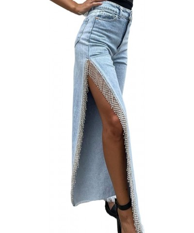 Women High Waisted Jeans Straight Wide Leg Pants with Rhinestone Fringe Trim Split On The Side Light Blue $29.49 Jeans