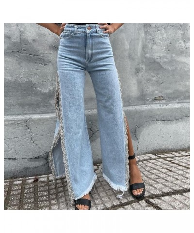 Women High Waisted Jeans Straight Wide Leg Pants with Rhinestone Fringe Trim Split On The Side Light Blue $29.49 Jeans