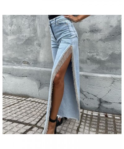 Women High Waisted Jeans Straight Wide Leg Pants with Rhinestone Fringe Trim Split On The Side Light Blue $29.49 Jeans