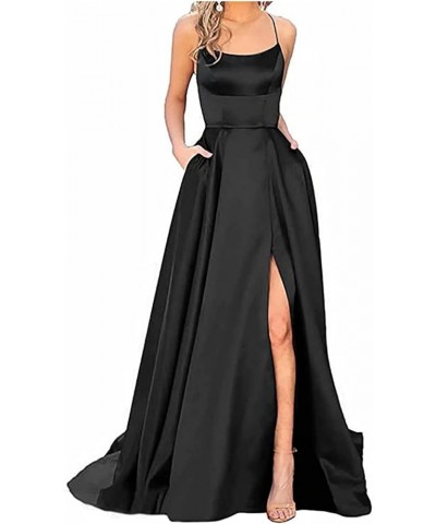 Formal Dresses for Women Spaghetti Straps Backless Prom Dress Side Slit A Line Maxi Dress Chiffon Dress with Pockets 2-black ...