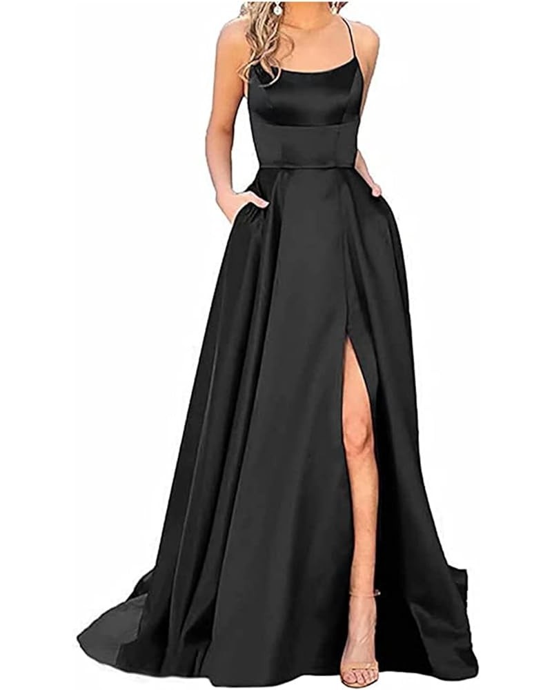 Formal Dresses for Women Spaghetti Straps Backless Prom Dress Side Slit A Line Maxi Dress Chiffon Dress with Pockets 2-black ...