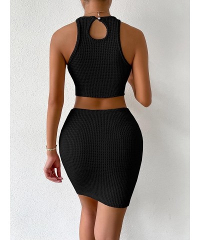 Women's 2 Piece Outfits Waffle Knit Round Neck Crop Tank Top and Mini Skirt Black $13.86 Suits