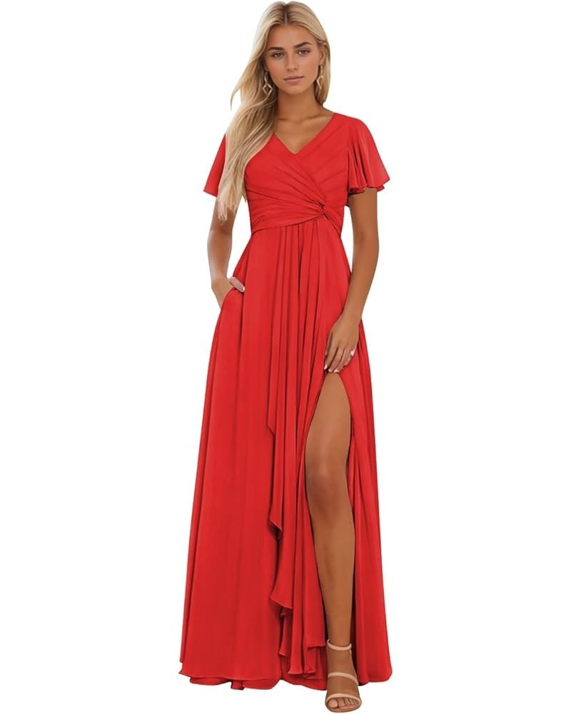 Women’s Ruffle Sleeve Bridesmaid Dresses with Pockets Long Pleats Formal Dress with Slit YG232 Red $36.71 Dresses