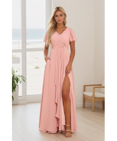 Women’s Ruffle Sleeve Bridesmaid Dresses with Pockets Long Pleats Formal Dress with Slit YG232 Red $36.71 Dresses