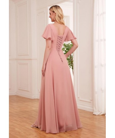 Women’s Ruffle Sleeve Bridesmaid Dresses with Pockets Long Pleats Formal Dress with Slit YG232 Red $36.71 Dresses