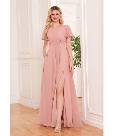 Women’s Ruffle Sleeve Bridesmaid Dresses with Pockets Long Pleats Formal Dress with Slit YG232 Red $36.71 Dresses