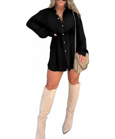 Women Button Down Shirt Dress Long Sleeve V Neck Romper Dress Casual Tie Waist Side Split Lapel Collar Mini Dress Black $12.9...