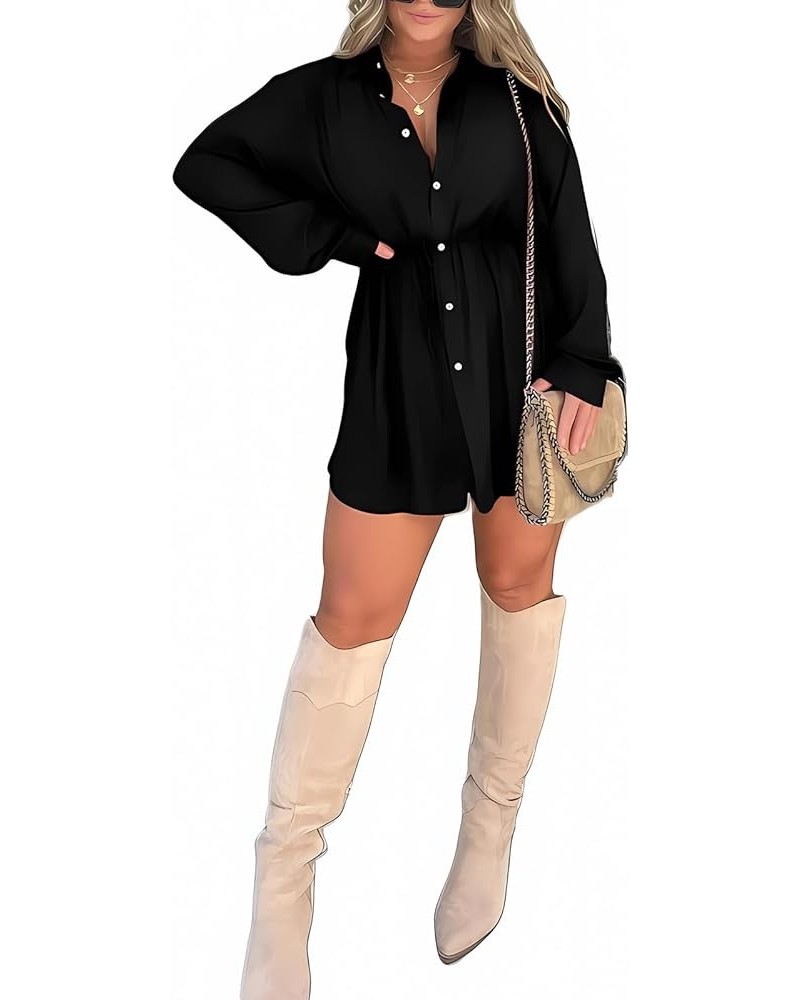 Women Button Down Shirt Dress Long Sleeve V Neck Romper Dress Casual Tie Waist Side Split Lapel Collar Mini Dress Black $12.9...