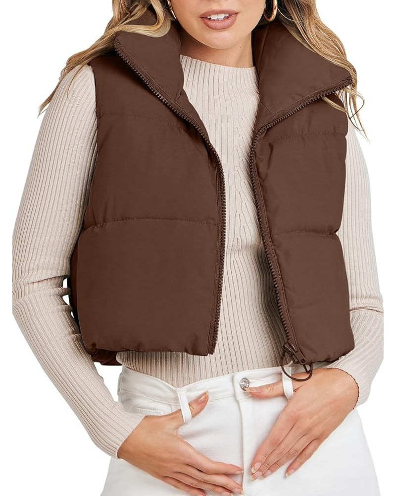 Women's Crop Puffer Vest Lightweight Stand Collar Sleeveless Zip Up Padded Gilet Coat Coffee $18.63 Vests