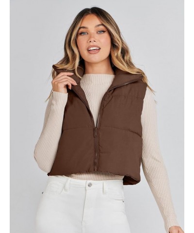 Women's Crop Puffer Vest Lightweight Stand Collar Sleeveless Zip Up Padded Gilet Coat Coffee $18.63 Vests