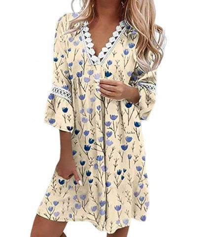 Women's V-Neck Printed Lace Patchwork Bohemian Dress 3/4 Bell Sleeve Summer Casual Resort Mini Dresses D04 $15.43 Dresses