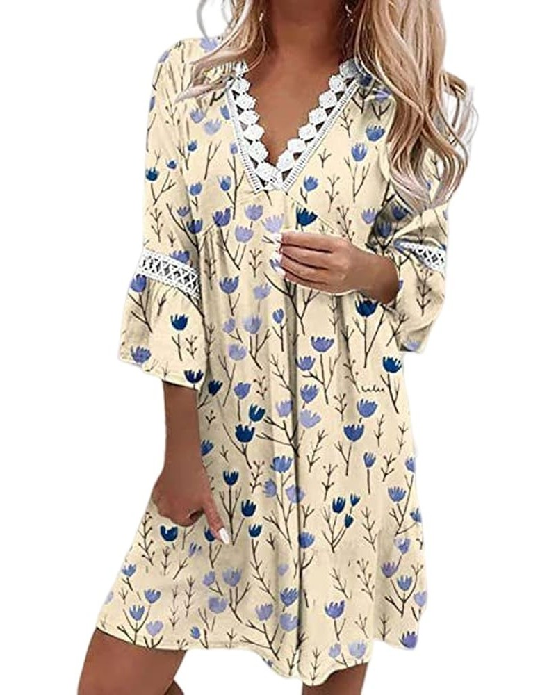 Women's V-Neck Printed Lace Patchwork Bohemian Dress 3/4 Bell Sleeve Summer Casual Resort Mini Dresses D04 $15.43 Dresses