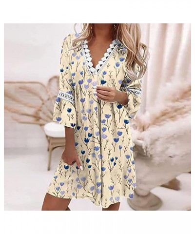 Women's V-Neck Printed Lace Patchwork Bohemian Dress 3/4 Bell Sleeve Summer Casual Resort Mini Dresses D04 $15.43 Dresses