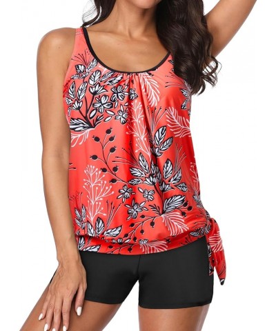 2 Piece Swimsuit for Women Blouson Tankini Top with Shorts Tummy Control Bathing Suit Red Floral $19.74 Swimsuits