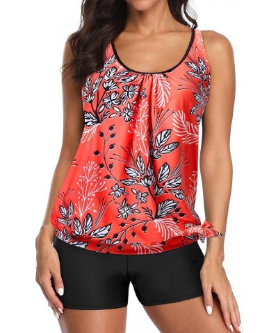 2 Piece Swimsuit for Women Blouson Tankini Top with Shorts Tummy Control Bathing Suit Red Floral $19.74 Swimsuits