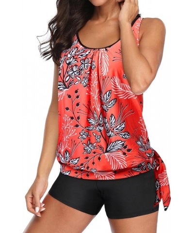 2 Piece Swimsuit for Women Blouson Tankini Top with Shorts Tummy Control Bathing Suit Red Floral $19.74 Swimsuits