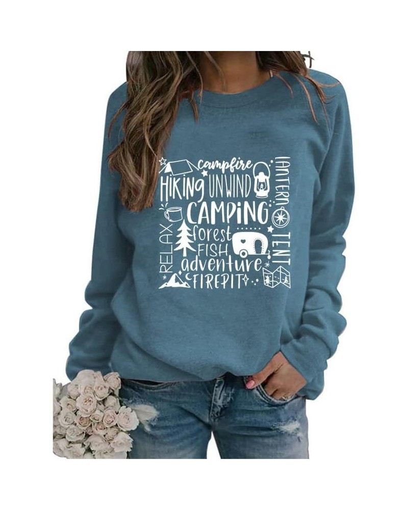 Womens Camping Sweatshirt Cocktails Graphic Long Sleeve Crew Neck Comfy Vintage Sweatshirt Pullover Top Camp Lover Gift 1 blu...