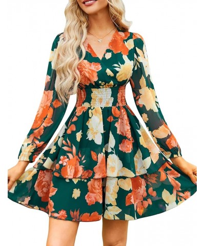 Women's Floral Print V-Neck Mini Dress Chiffon Long Sleeve Ruffle Layer Skater Swing Flowy Wrap Smocked Short Dresses Floral ...