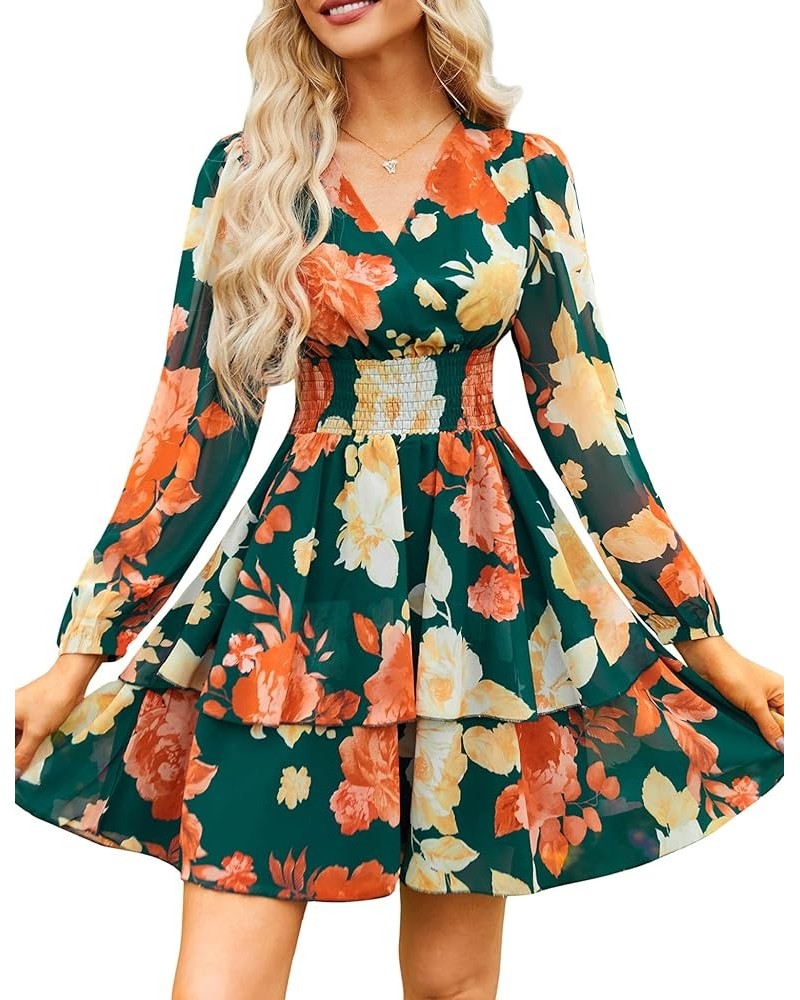 Women's Floral Print V-Neck Mini Dress Chiffon Long Sleeve Ruffle Layer Skater Swing Flowy Wrap Smocked Short Dresses Floral ...