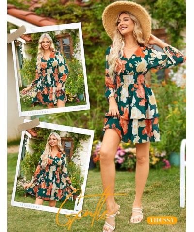 Women's Floral Print V-Neck Mini Dress Chiffon Long Sleeve Ruffle Layer Skater Swing Flowy Wrap Smocked Short Dresses Floral ...