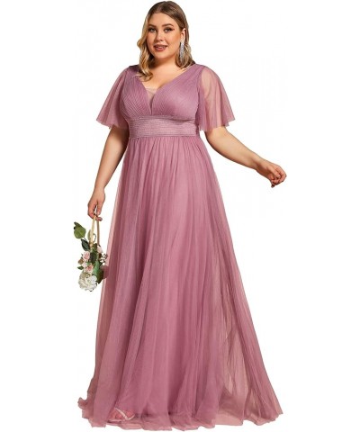 Womens V-Neck Pleated Ruffle Sleeves Elastic Waist A-Line Tulle Plus Size Bridesmaid Dress 0294A-DA Orchid $19.24 Dresses