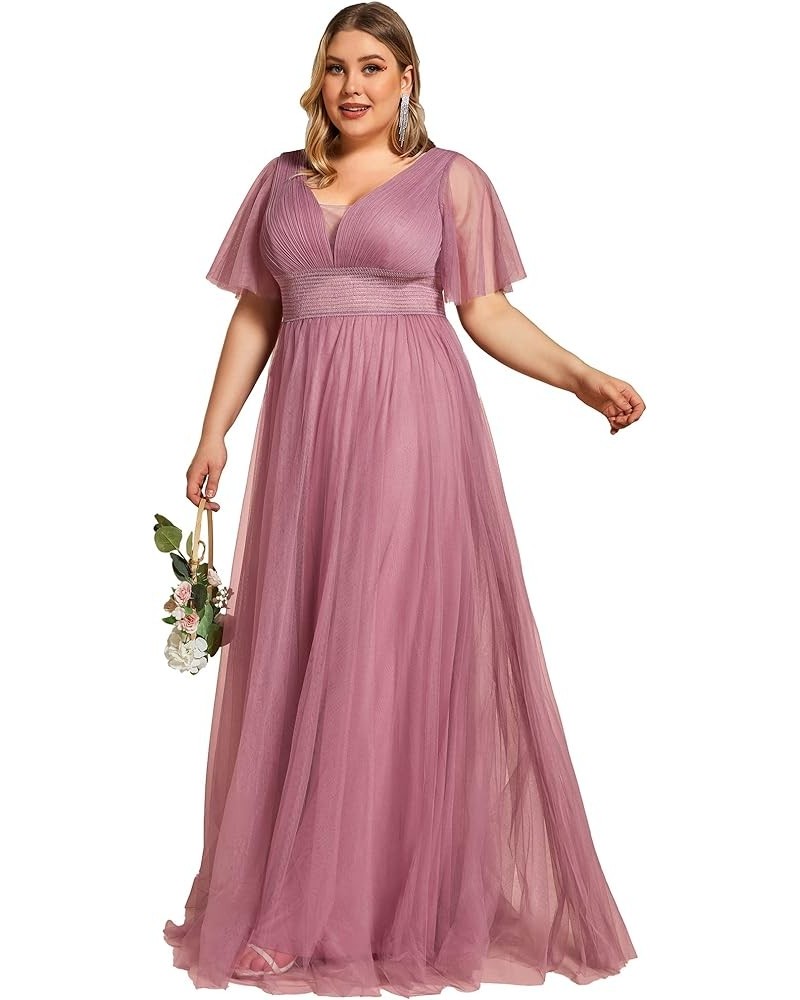 Womens V-Neck Pleated Ruffle Sleeves Elastic Waist A-Line Tulle Plus Size Bridesmaid Dress 0294A-DA Orchid $19.24 Dresses