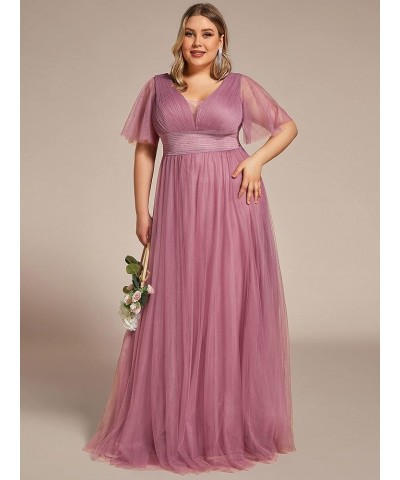 Womens V-Neck Pleated Ruffle Sleeves Elastic Waist A-Line Tulle Plus Size Bridesmaid Dress 0294A-DA Orchid $19.24 Dresses