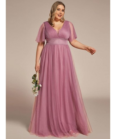 Womens V-Neck Pleated Ruffle Sleeves Elastic Waist A-Line Tulle Plus Size Bridesmaid Dress 0294A-DA Orchid $19.24 Dresses