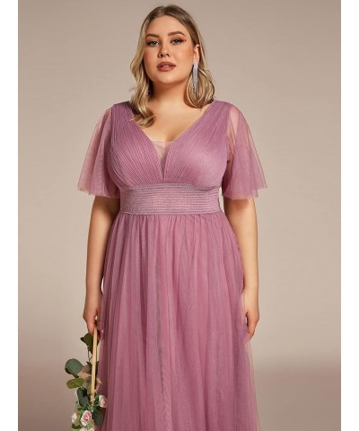 Womens V-Neck Pleated Ruffle Sleeves Elastic Waist A-Line Tulle Plus Size Bridesmaid Dress 0294A-DA Orchid $19.24 Dresses