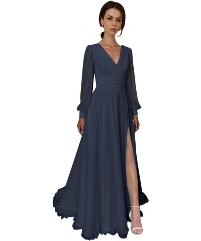 Split Chiffon V Neck Long Sleeve Prom Dresses Formal Dress for Women A-Line Pleated Maxi Gown Navy Blue $33.60 Dresses