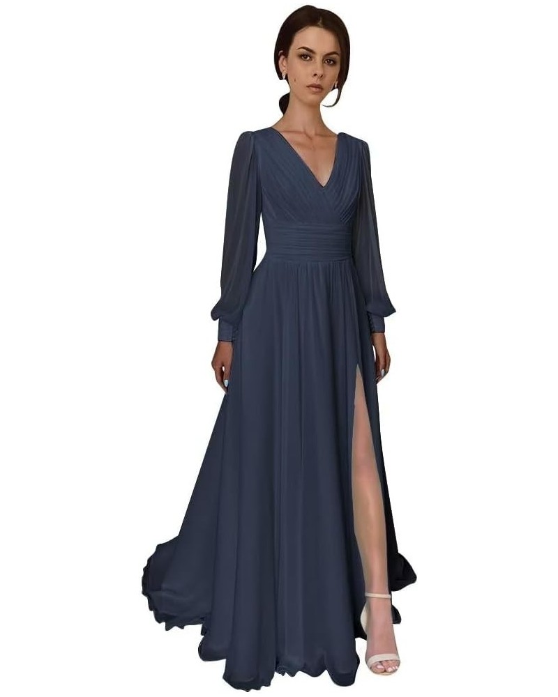 Split Chiffon V Neck Long Sleeve Prom Dresses Formal Dress for Women A-Line Pleated Maxi Gown Navy Blue $33.60 Dresses