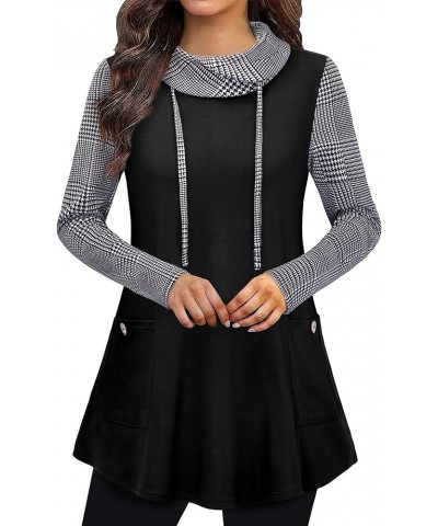 Women's Long Sleeve Cowl Neck Casual Tunic Tops with Pockets Bird Grid Plaid $13.53 Tops