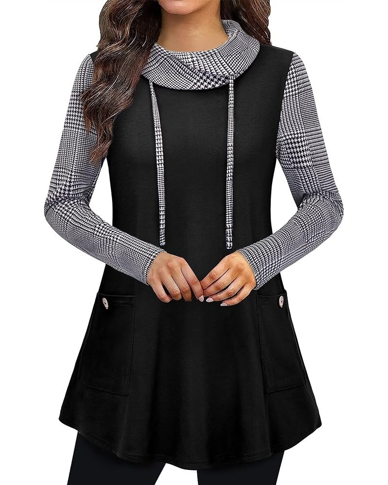 Women's Long Sleeve Cowl Neck Casual Tunic Tops with Pockets Bird Grid Plaid $13.53 Tops