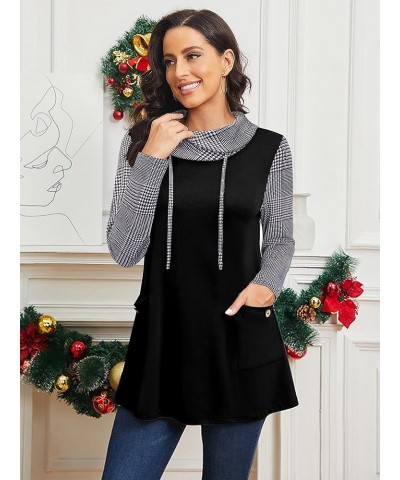 Women's Long Sleeve Cowl Neck Casual Tunic Tops with Pockets Bird Grid Plaid $13.53 Tops