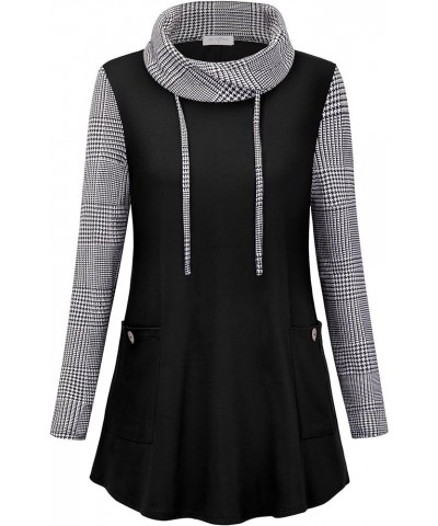 Women's Long Sleeve Cowl Neck Casual Tunic Tops with Pockets Bird Grid Plaid $13.53 Tops