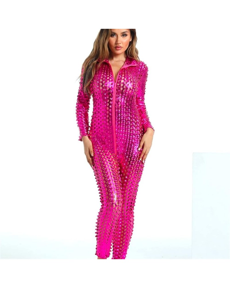 Wetlook Catsuit Jumpsuit Women Long Sleeve Romper Sexy Metallic Nightclub Party Overalls Stripper Leather Bodysuit (Color : S...